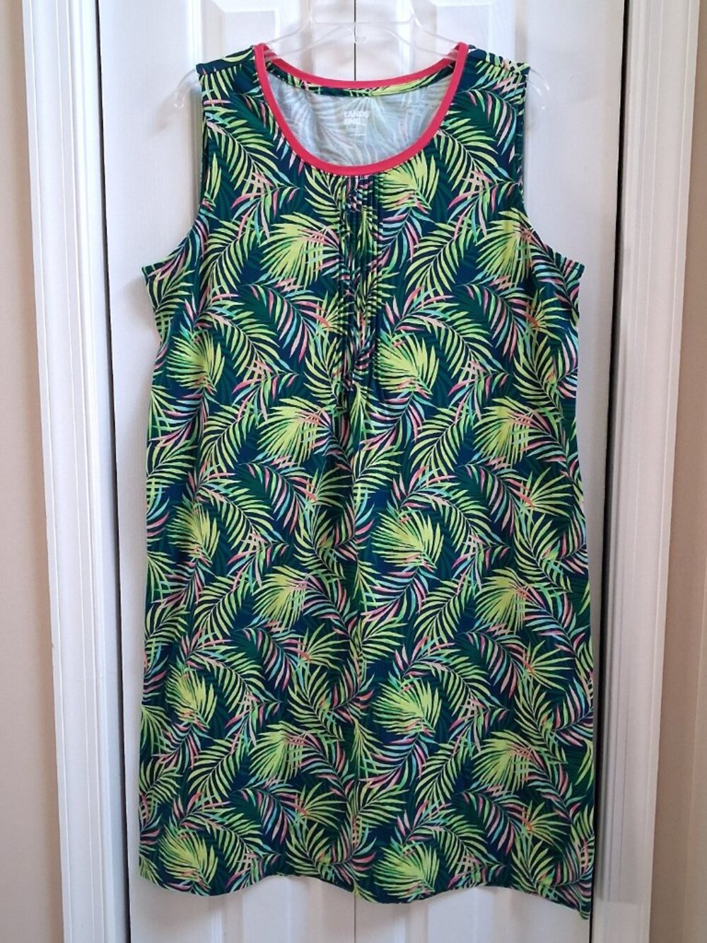 LANDS' END Green/Pink Tropical Print Sleeveless Pintuck Tank Dress sz L